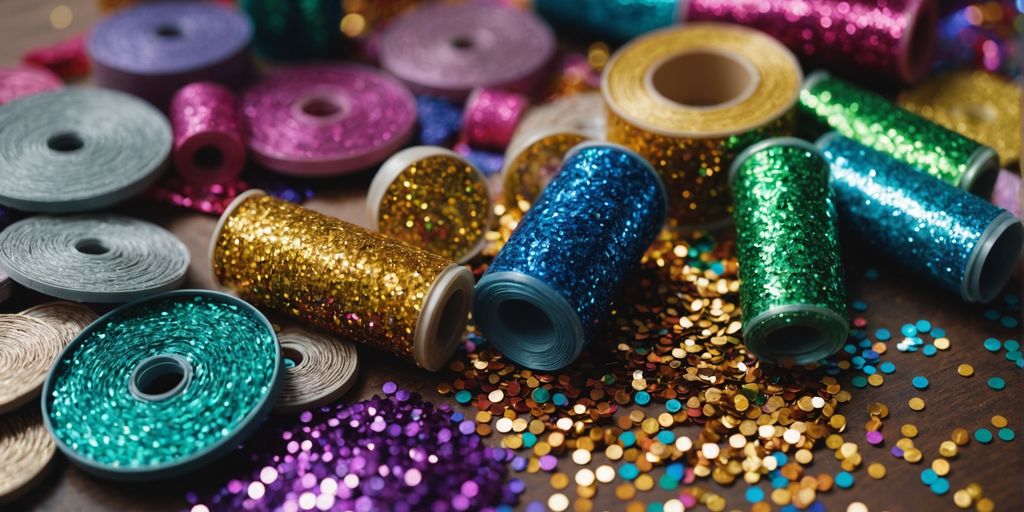 Craft supplies with glitter and sequins on a table.