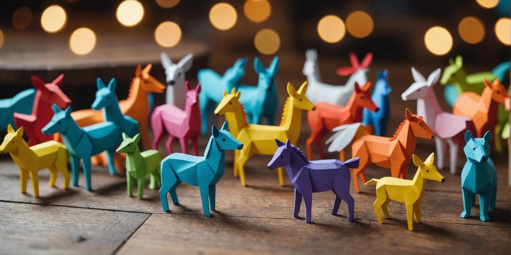 Various paper animal figures displayed on a wooden surface.