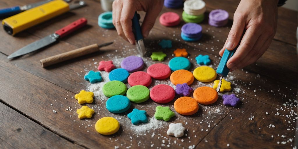 Various salt dough crafts and tools on a wooden table.